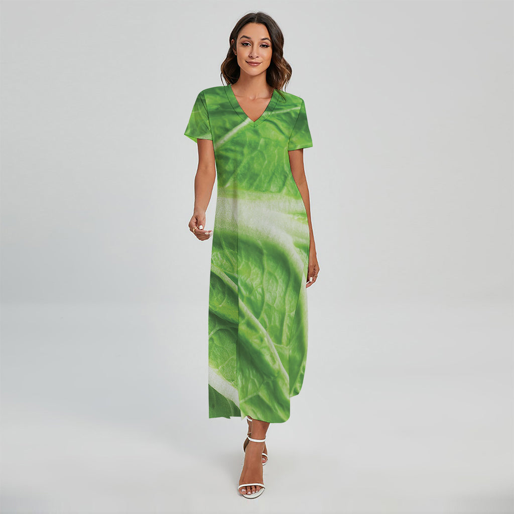 Green Cabbage Leaf Print Short Sleeve Maxi Dress