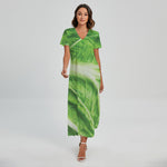 Green Cabbage Leaf Print Short Sleeve Maxi Dress