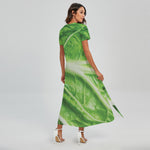 Green Cabbage Leaf Print Short Sleeve Maxi Dress