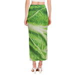 Green Cabbage Leaf Print Side Slit Maxi Skirt