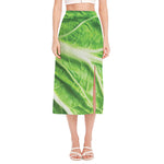 Green Cabbage Leaf Print Side Slit Midi Skirt