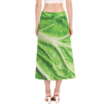 Green Cabbage Leaf Print Side Slit Midi Skirt