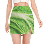 Green Cabbage Leaf Print Side Slit Mini Skirt