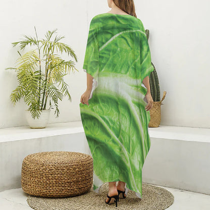 Green Cabbage Leaf Print Silk V-Neck Kaftan Dress