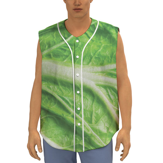 Green Cabbage Leaf Print Sleeveless Baseball Jersey