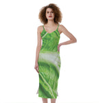 Green Cabbage Leaf Print Slim Fit Midi Cami Dress