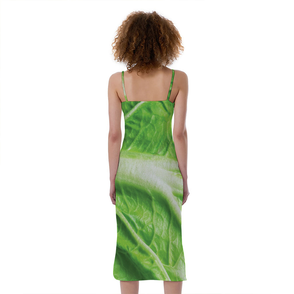 Green Cabbage Leaf Print Slim Fit Midi Cami Dress