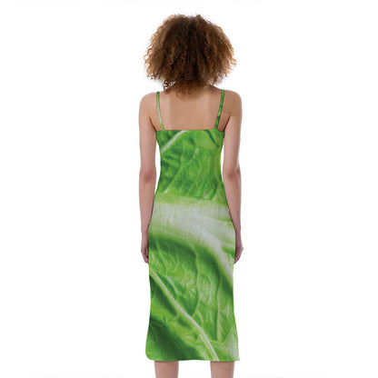 Green Cabbage Leaf Print Slim Fit Midi Cami Dress