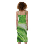 Green Cabbage Leaf Print Slim Fit Midi Cami Dress