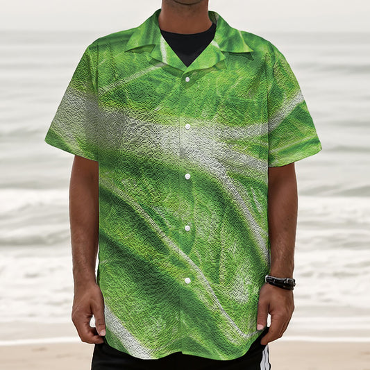 Green Cabbage Leaf Print Textured Short Sleeve Shirt