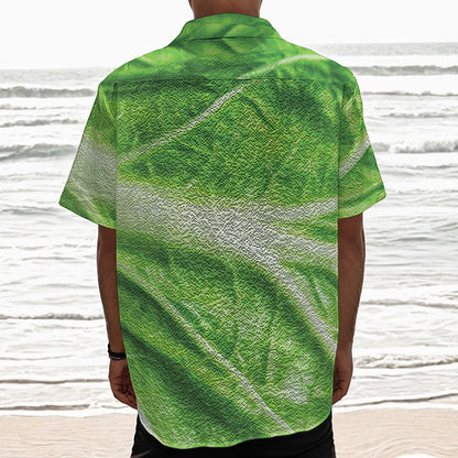 Green Cabbage Leaf Print Textured Short Sleeve Shirt