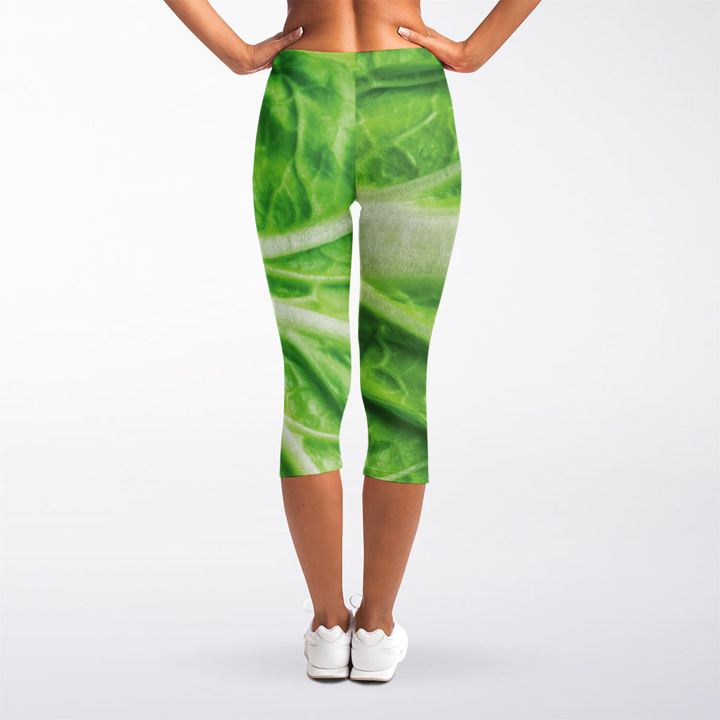 Green Cabbage Leaf Print Women's Capri Leggings