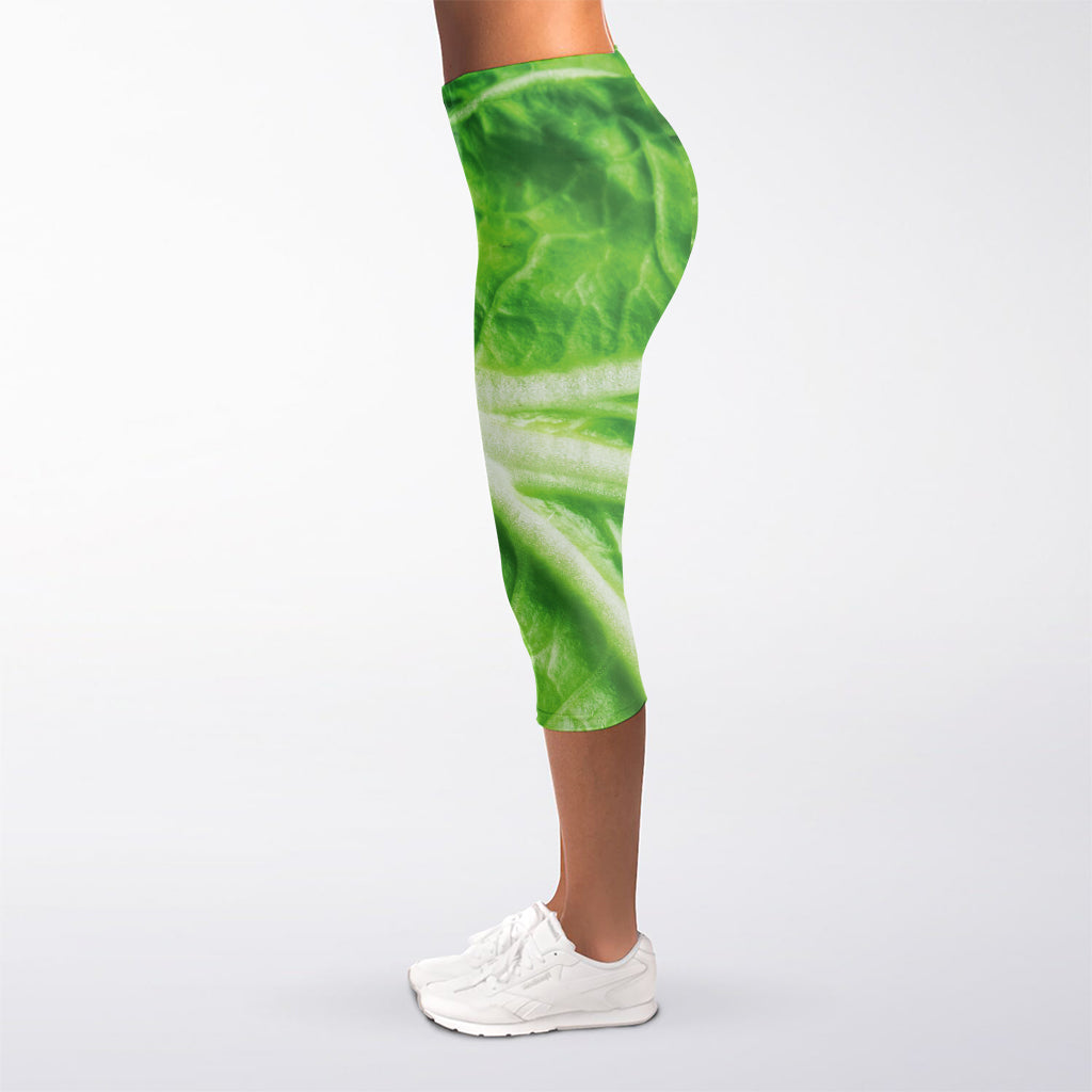Green Cabbage Leaf Print Women's Capri Leggings