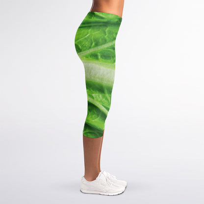 Green Cabbage Leaf Print Women's Capri Leggings