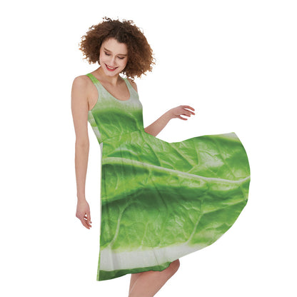 Green Cabbage Leaf Print Women's Sleeveless Dress