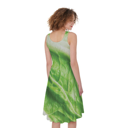 Green Cabbage Leaf Print Women's Sleeveless Dress