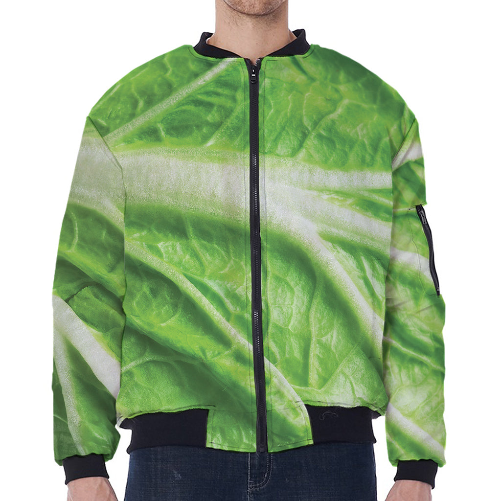 Green Cabbage Leaf Print Zip Sleeve Bomber Jacket