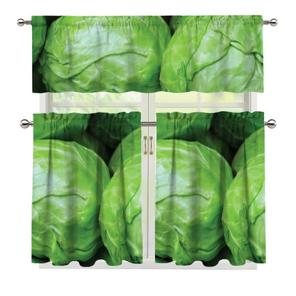 Green Cabbage Print 3 Piece Kitchen Curtains