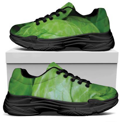 Green Cabbage Print Black Chunky Shoes