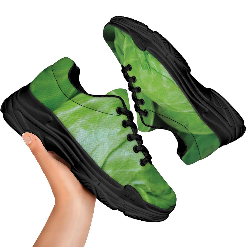 Green Cabbage Print Black Chunky Shoes
