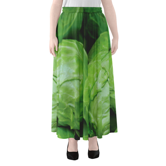 Green Cabbage Print Chiffon Maxi Skirt