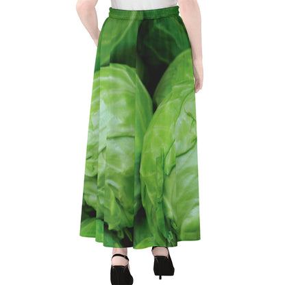 Green Cabbage Print Chiffon Maxi Skirt