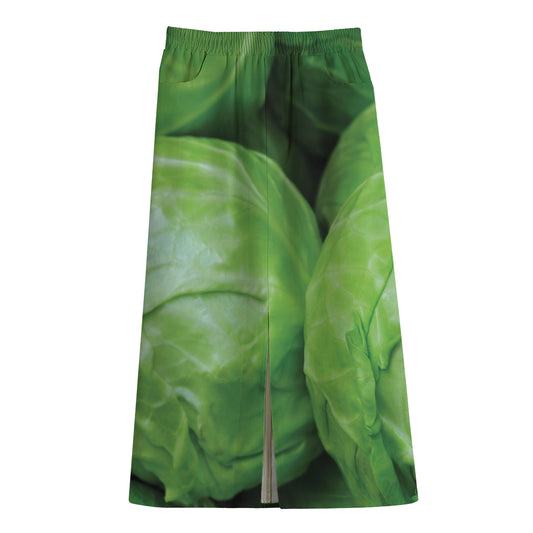 Green Cabbage Print Cotton Front Slit Maxi Skirt