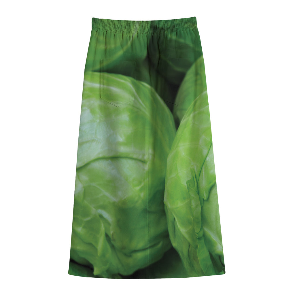Green Cabbage Print Cotton Front Slit Maxi Skirt