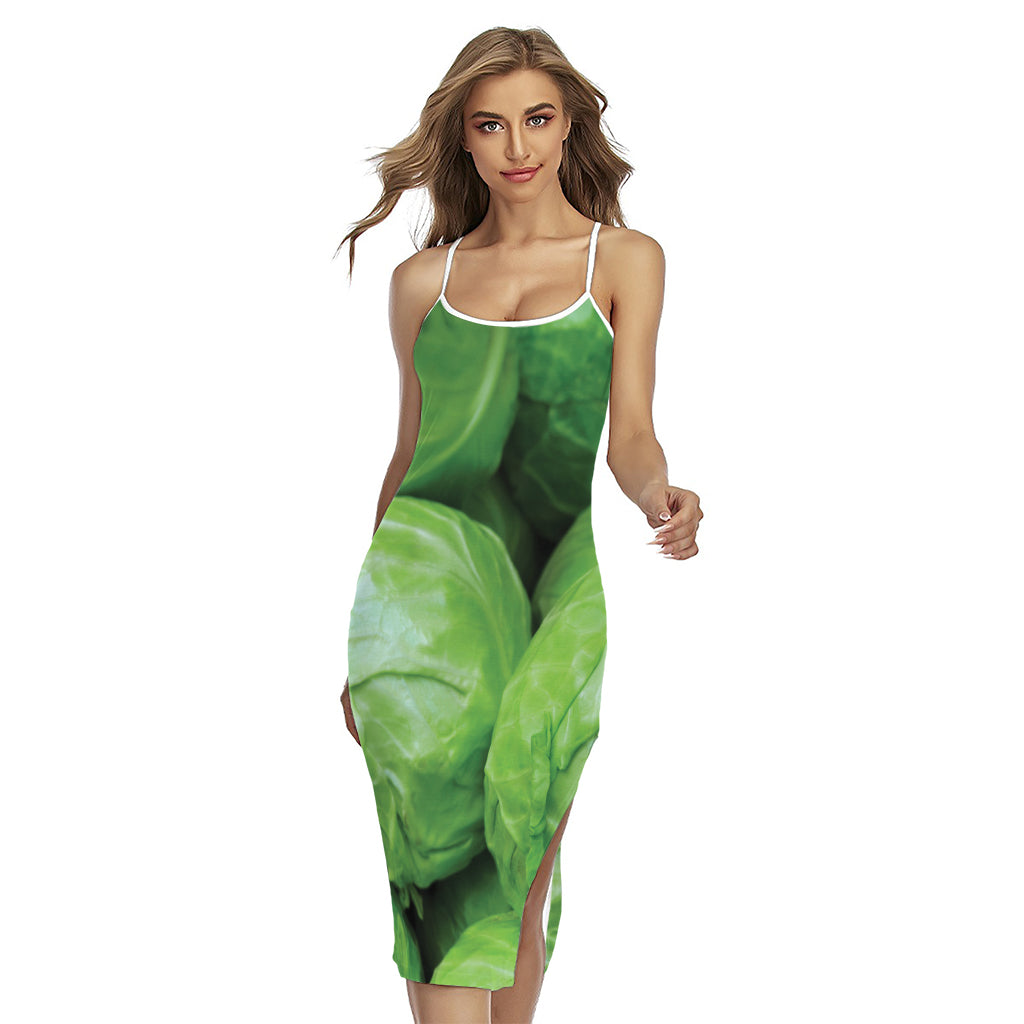 Green Cabbage Print Cross Back Cami Dress