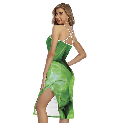 Green Cabbage Print Cross Back Cami Dress
