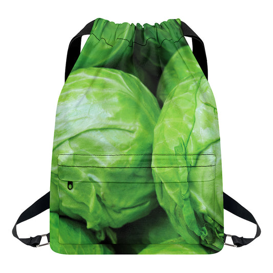 Green Cabbage Print Drawstring Backpack