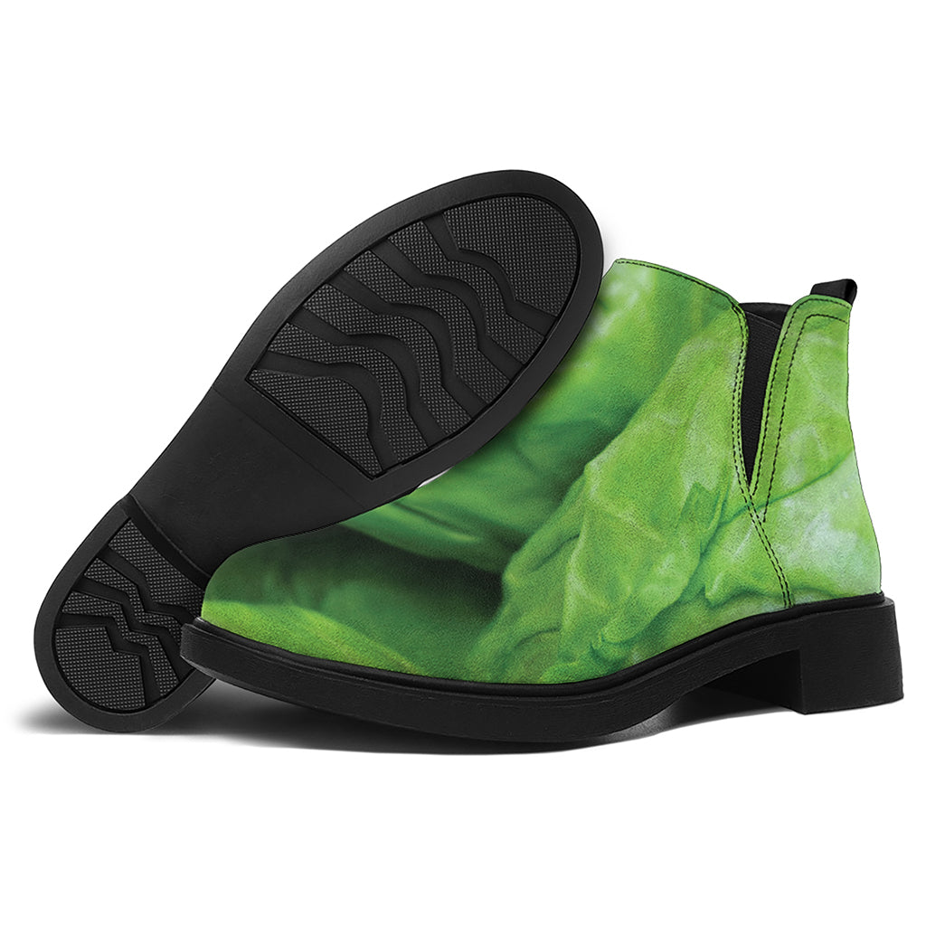 Green Cabbage Print Flat Ankle Boots
