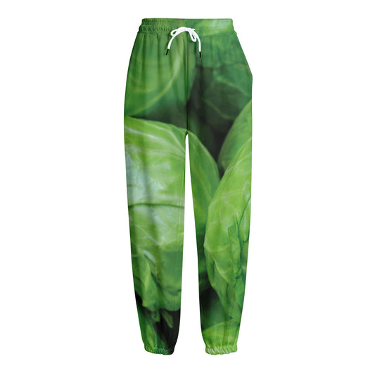 Green Cabbage Print Fleece Lined Knit Pants