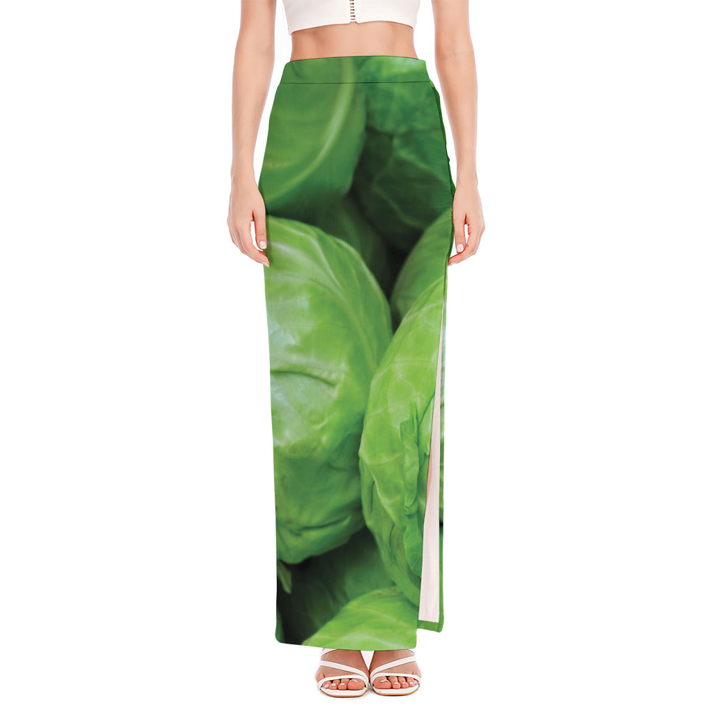 Green Cabbage Print High Slit Maxi Skirt