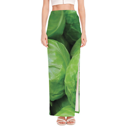 Green Cabbage Print High Slit Maxi Skirt