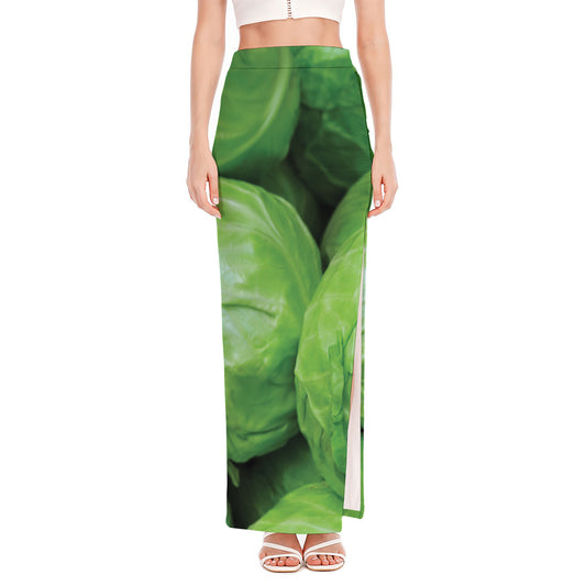 Green Cabbage Print High Slit Maxi Skirt