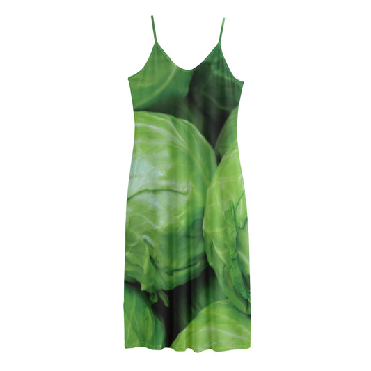 Green Cabbage Print Jersey Midi Cami Dress