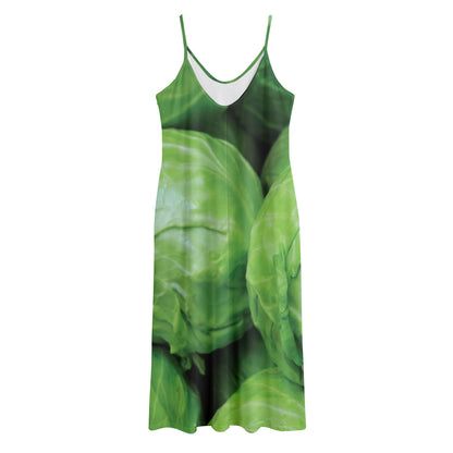 Green Cabbage Print Jersey Midi Cami Dress