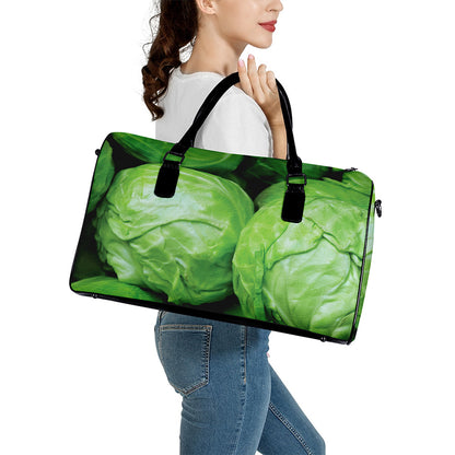 Green Cabbage Print Leather Duffle Bag