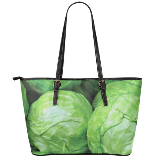 Green Cabbage Print Leather Tote Bag
