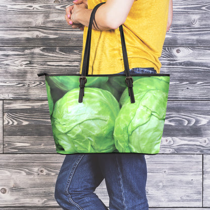 Green Cabbage Print Leather Tote Bag