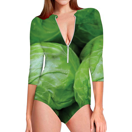 Green Cabbage Print Long Sleeve Swimsuit