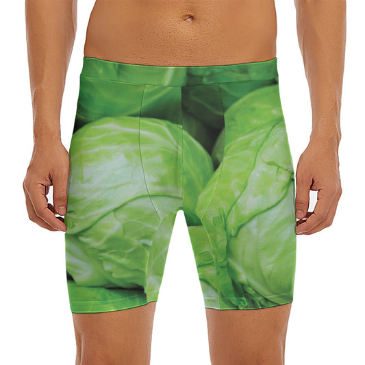 Green Cabbage Print Men's Long Boxer Briefs
