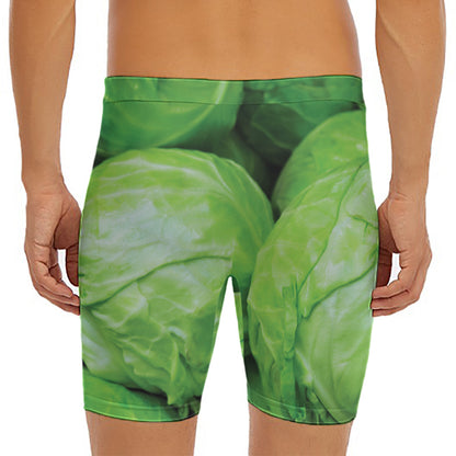 Green Cabbage Print Men's Long Boxer Briefs