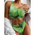 Green Cabbage Print One Shoulder Bikini Set