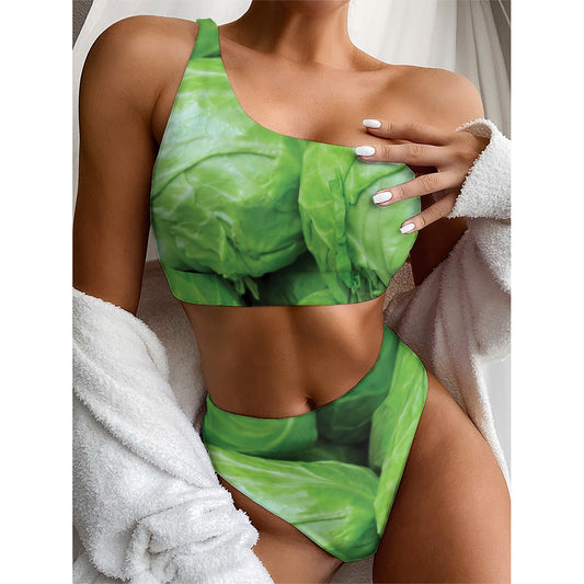 Green Cabbage Print One Shoulder Bikini Top