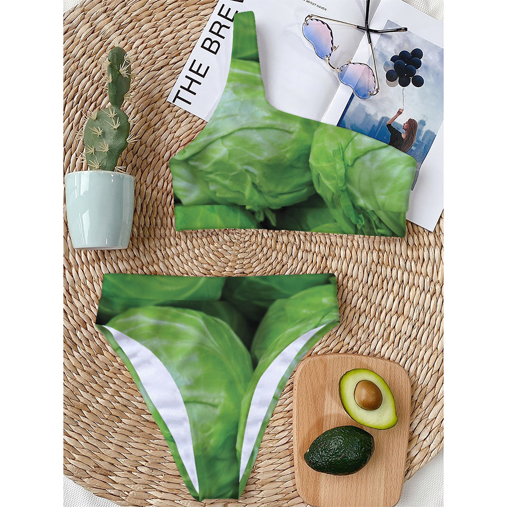 Green Cabbage Print One Shoulder Bikini Top