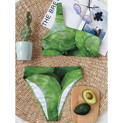 Green Cabbage Print One Shoulder Bikini Top