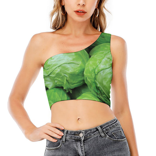 Green Cabbage Print One Shoulder Crop Top