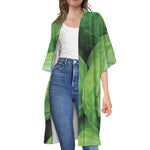 Green Cabbage Print Open Front Beach Cover Up